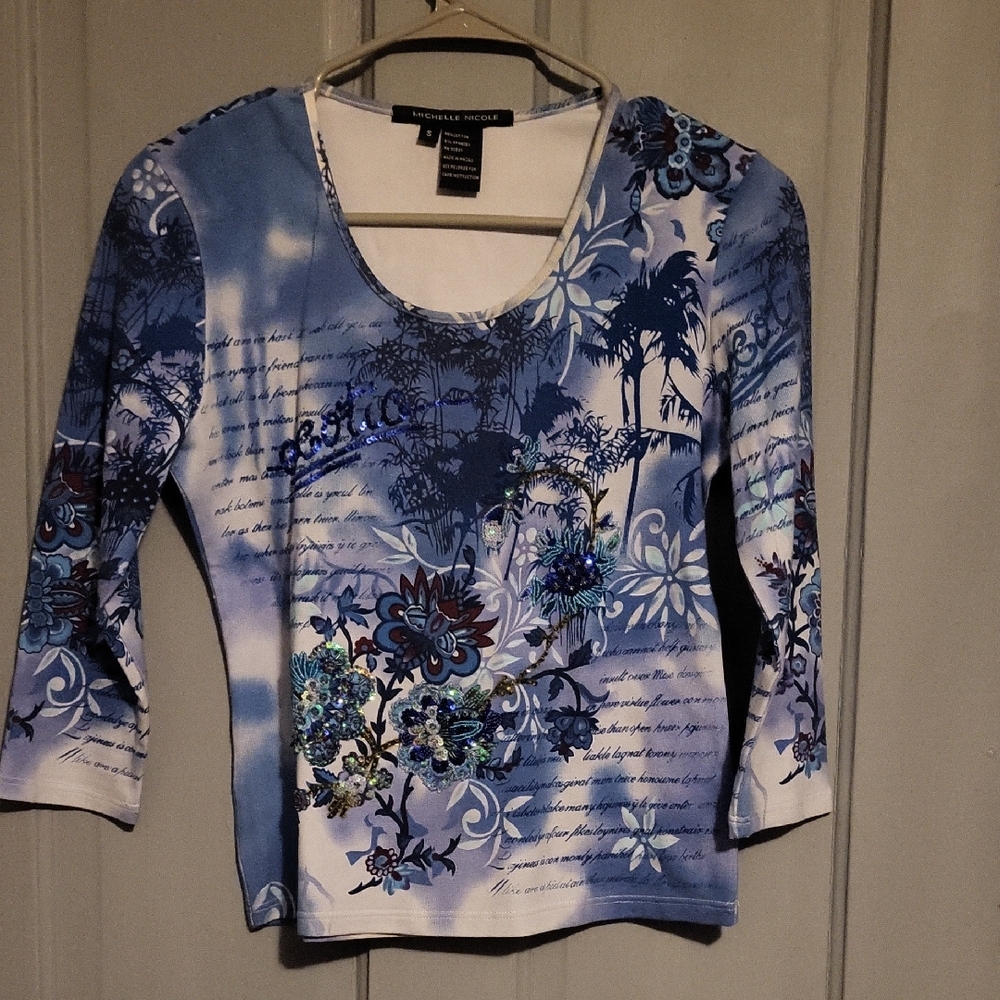 Coldwater Creek Blue and White Floral Long Sleeve Top